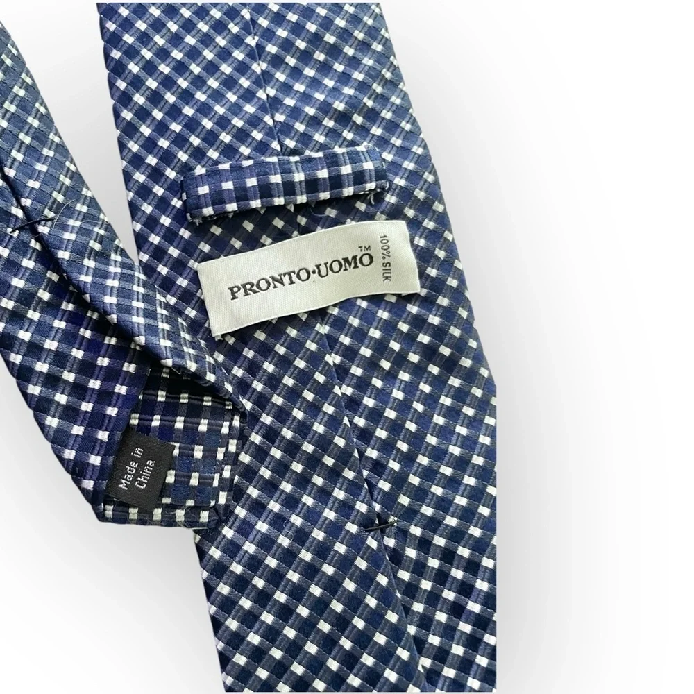 Pronto Uomo men’s gingham blue and white silk neck tie